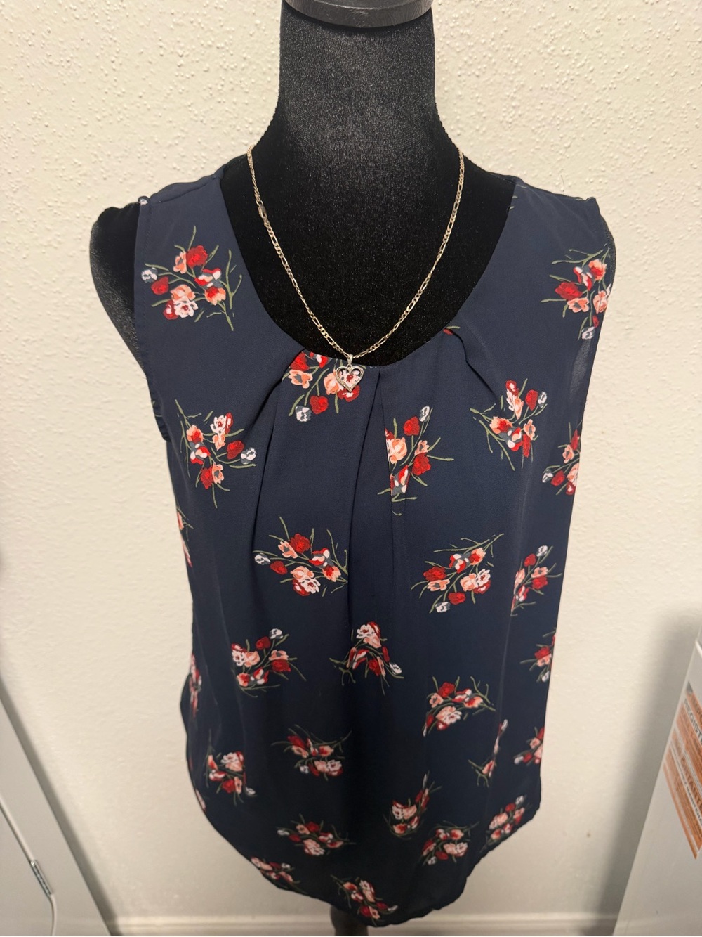 LOFT Navy Floral Sleeveless Top with Red Print